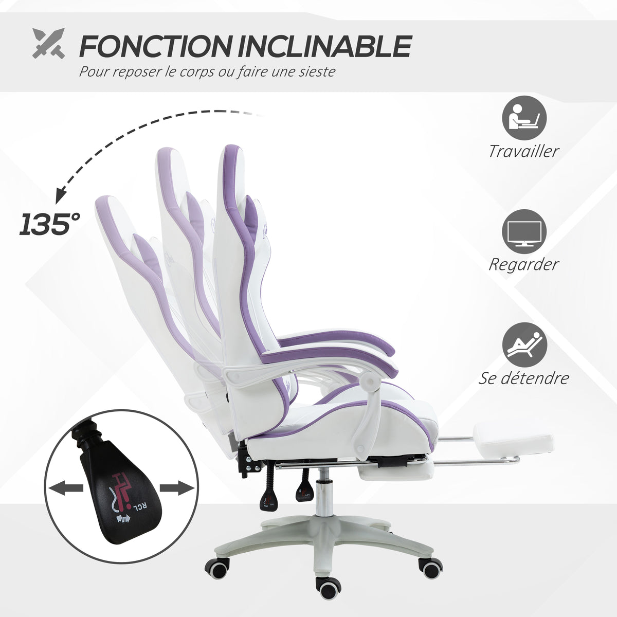 Chaise gaming fauteuil gaming ergonomique avec dossier inclinable à 135° et soutien lombaire, 65 x 6 – product view 3 | SeeMyMails Marketplace