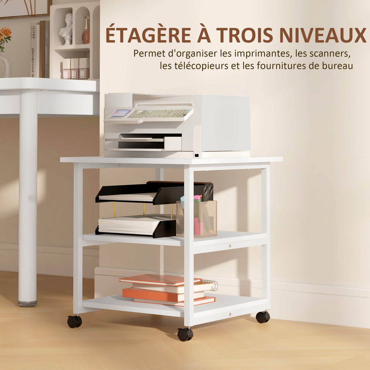Support d'imprimante desserte de rangement 3 niveaux étagères mobile sur roulettes 50L x 50l x 52,5H – product image 9 | SeeMyMails Marketplace