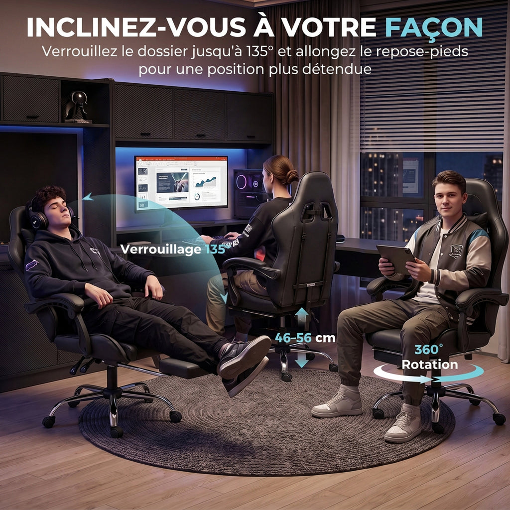 Chaise Gaming Ergonomique avec Coussin Lombaire Massant, Fauteuil Gaming Inclinable en Cuir Synthéti – product view 7 | SeeMyMails Marketplace