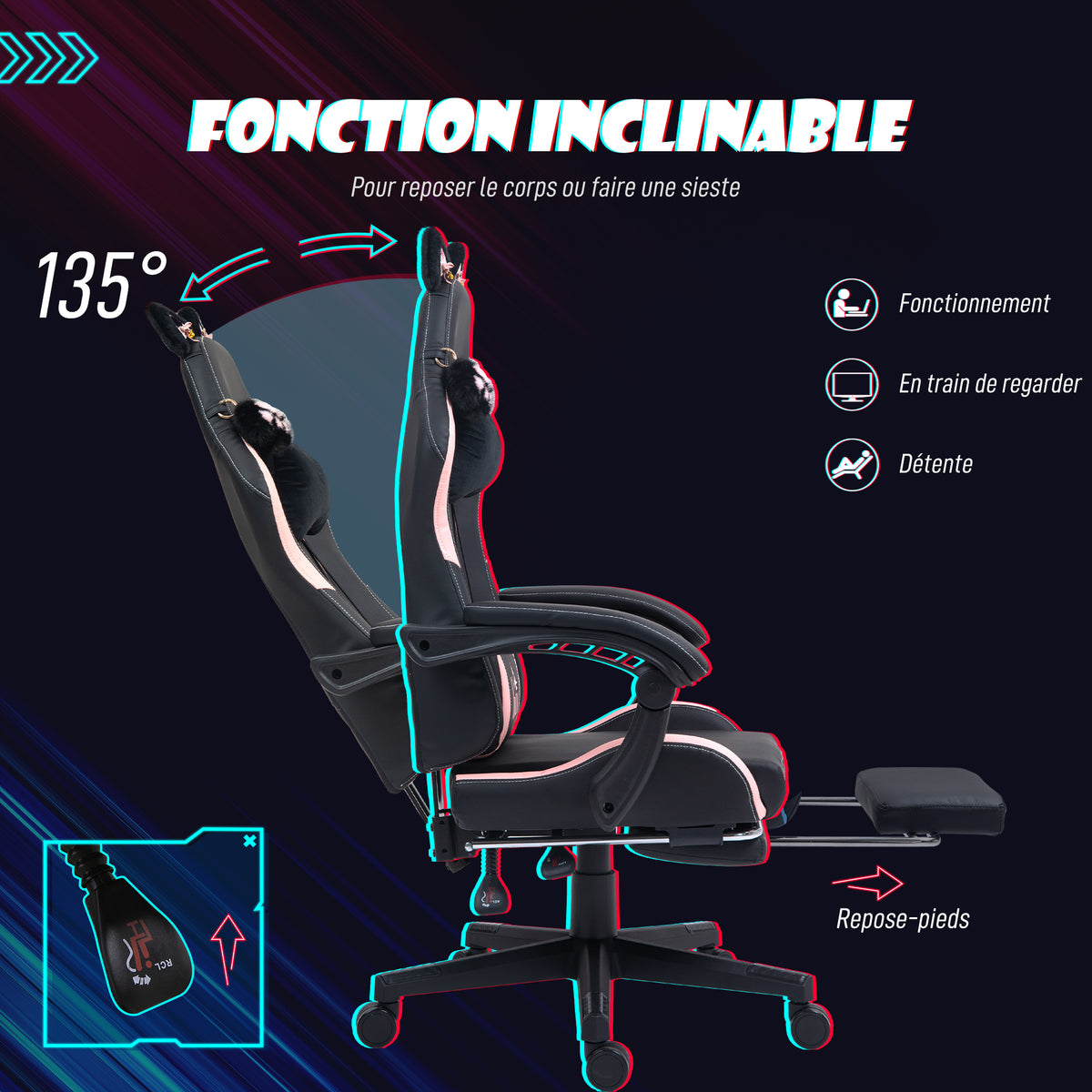 Chaise gaming ergonomique avec Oreilles de Chat, fauteuil gamer avec dossier inclinable, 65 x 62 x 1 – product view 2 | SeeMyMails Marketplace