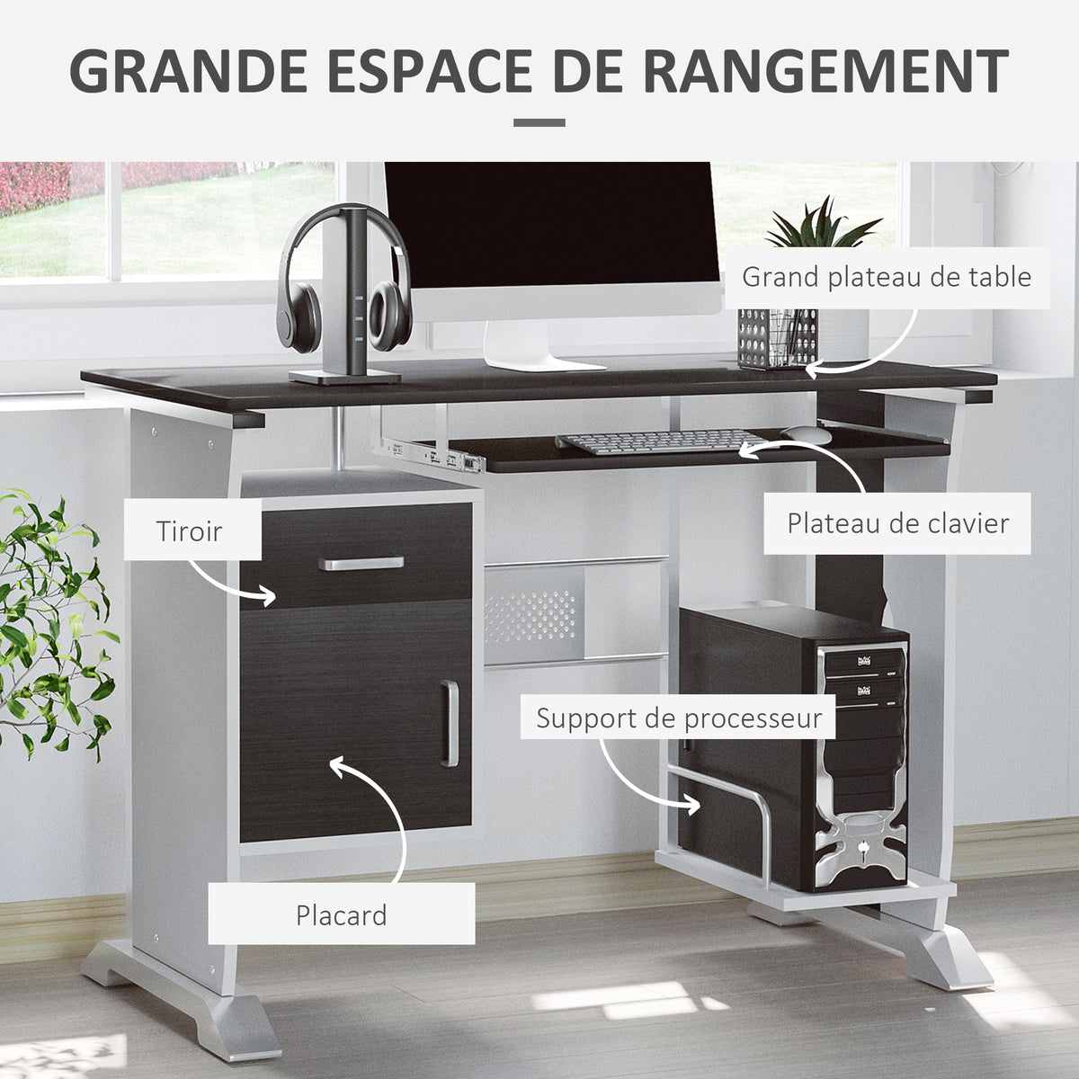 Bureau d'ordinateur, 100 x 52 x 75 cm, bureau avec tablette coulissante pour clavier, tiroirs et sup – product image 9 | SeeMyMails Marketplace