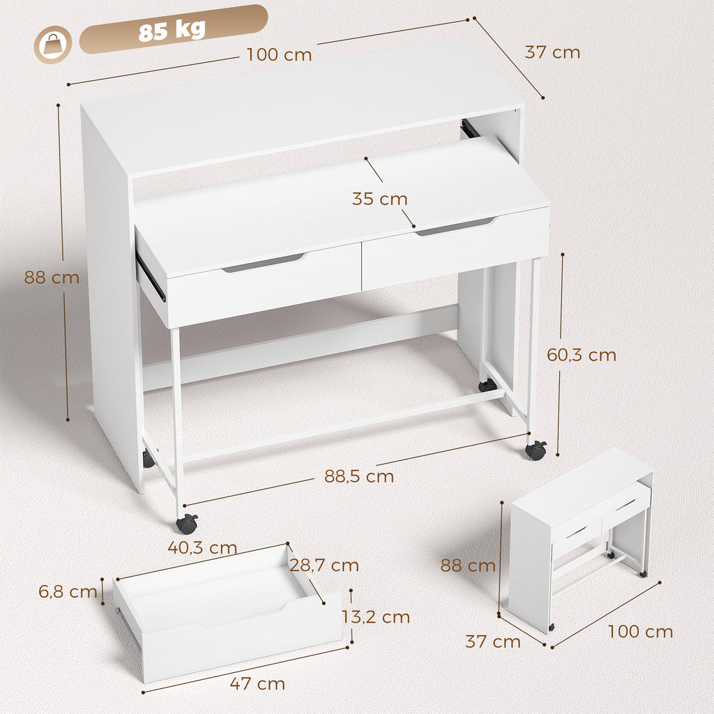 Bureau d'Ordinateur Extensible 100 cm avec 2 Tiroirs, Bureau avec Rangement, Style Moderne, Blanc – product image 3 | SeeMyMails Marketplace
