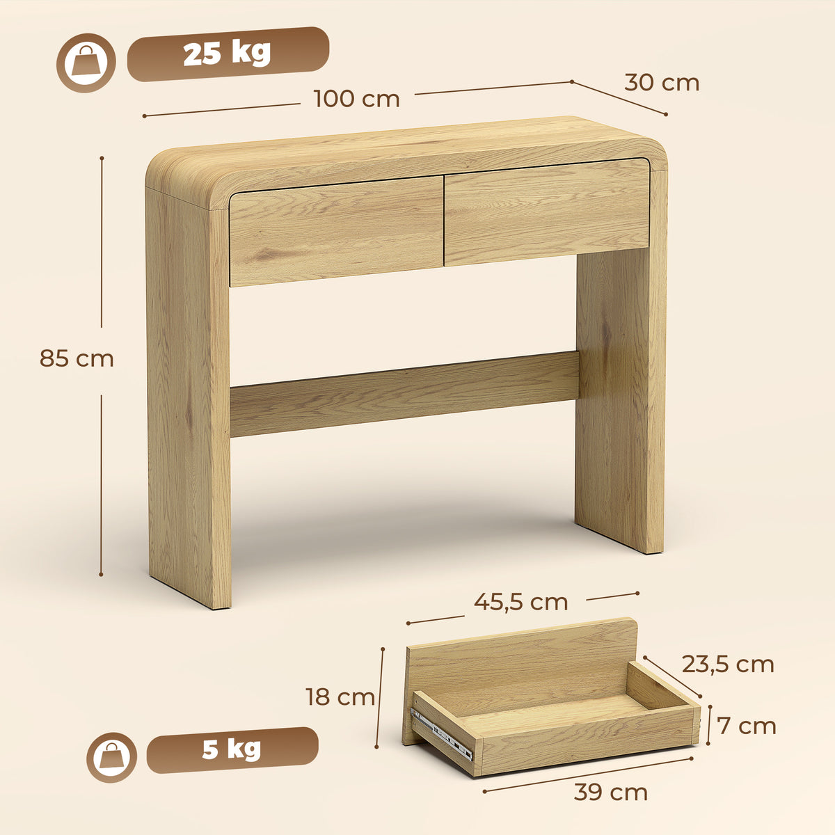 Table Console avec 2 Tiroirs, Console Meuble, 100 x 30 x 85 cm, Coins Arrondis et Plateau Épais, Boi – product view 6 | SeeMyMails Marketplace