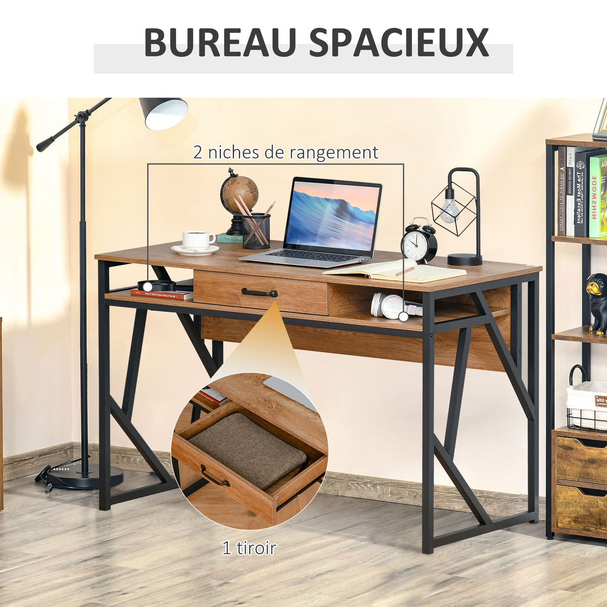 Bureau Style Industriel 120L x 60l x 76H cm tiroir + 2 niches piètement métal Noir Plateau, pour Étu – product view 3 | SeeMyMails Marketplace