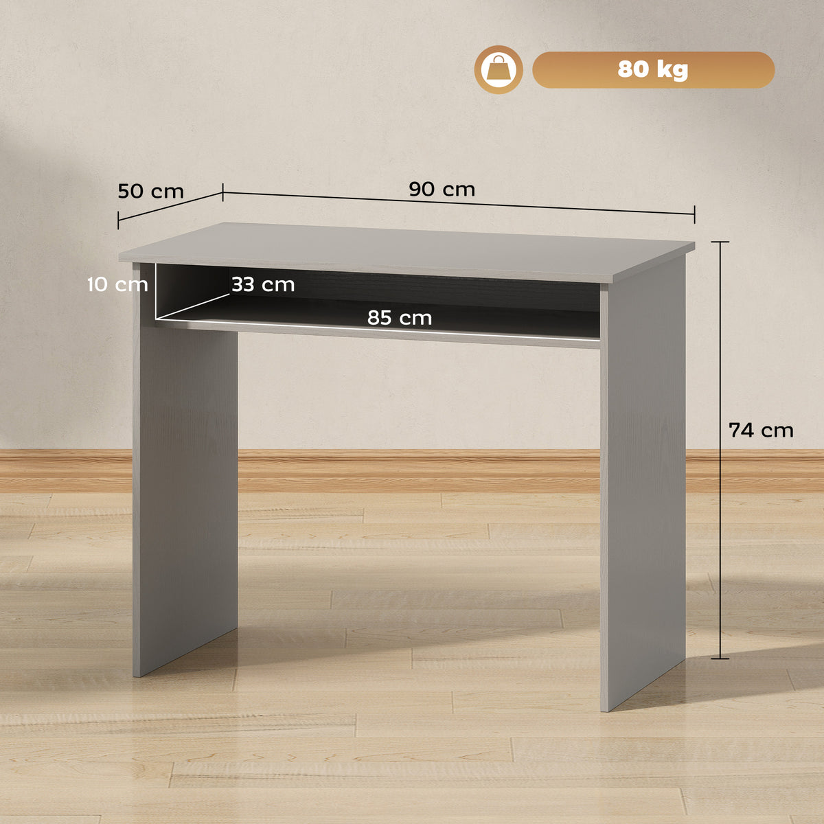 Bureau informatique sobre épuré compact avec 1 étagère, panneaux de particules, dim. 90l x 50P x 74H – product view 2 | SeeMyMails Marketplace
