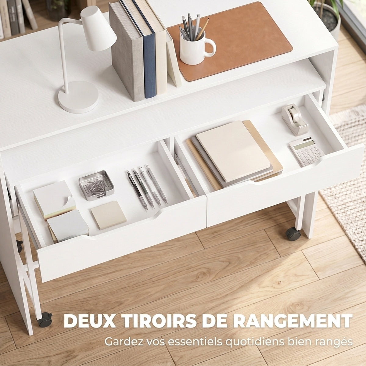Bureau d'Ordinateur Extensible 100 cm avec 2 Tiroirs, Bureau avec Rangement, Style Moderne, Blanc – product image 6 | SeeMyMails Marketplace
