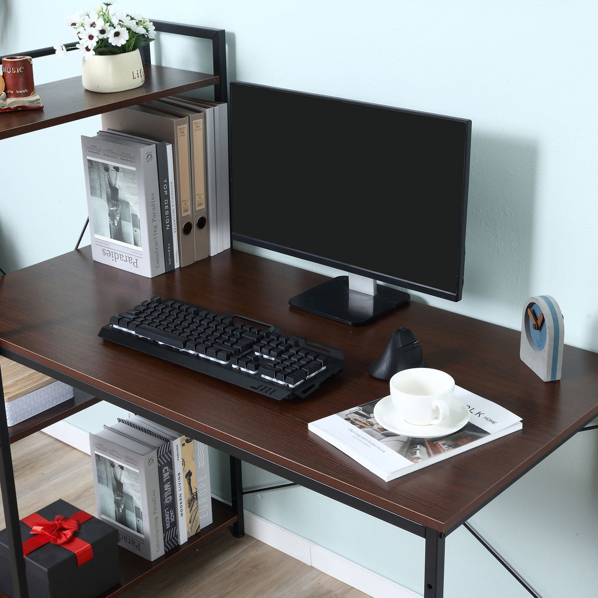 Bureau d'angle avec rangement design Industriel avec bibliothèque 3 étagères panneaux particules asp – product image 4 | SeeMyMails Marketplace