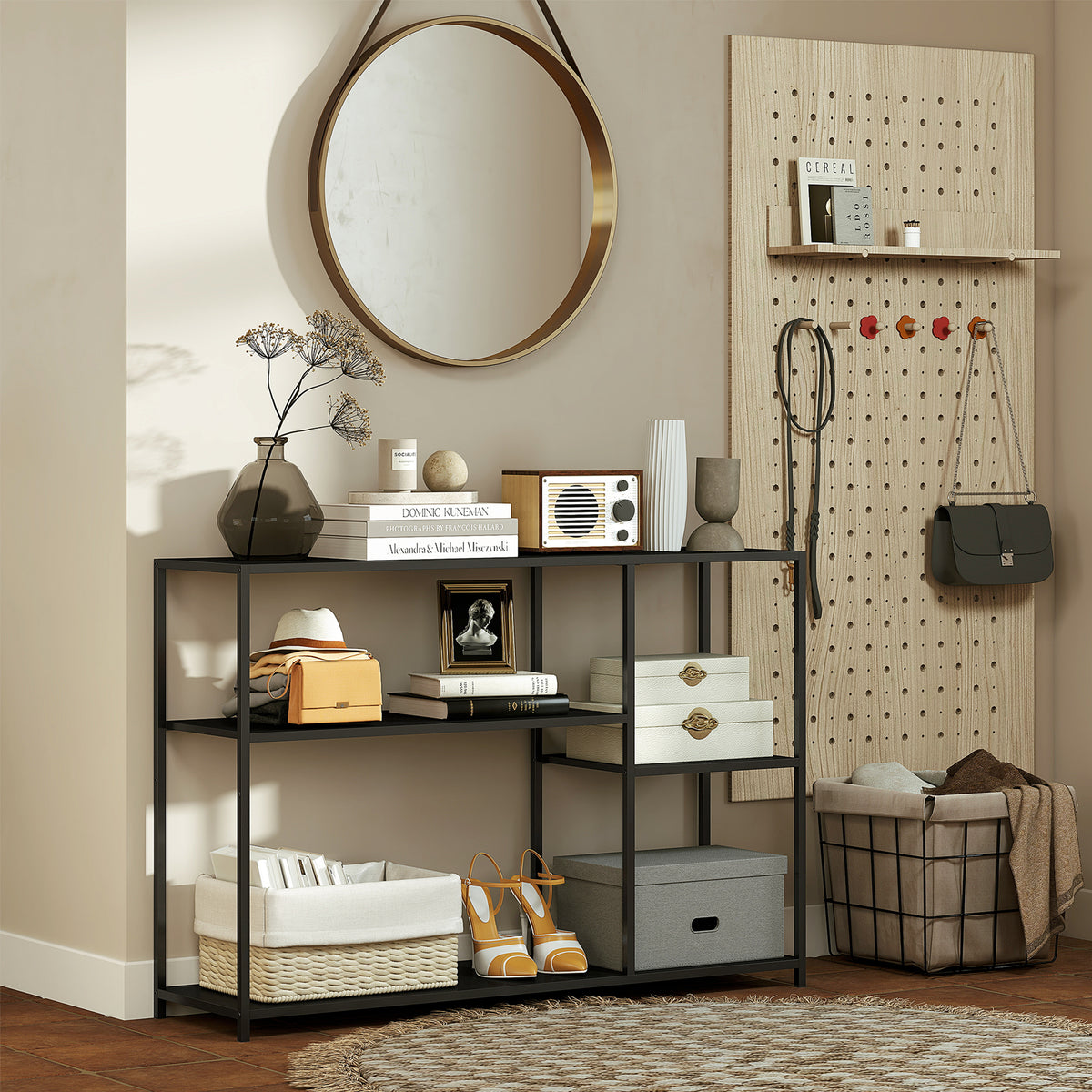 Console meuble étroite à 4 niveaux style industriel cadre en acier, 110 x 30 x 75 cm, noir – product image 3 | SeeMyMails Marketplace