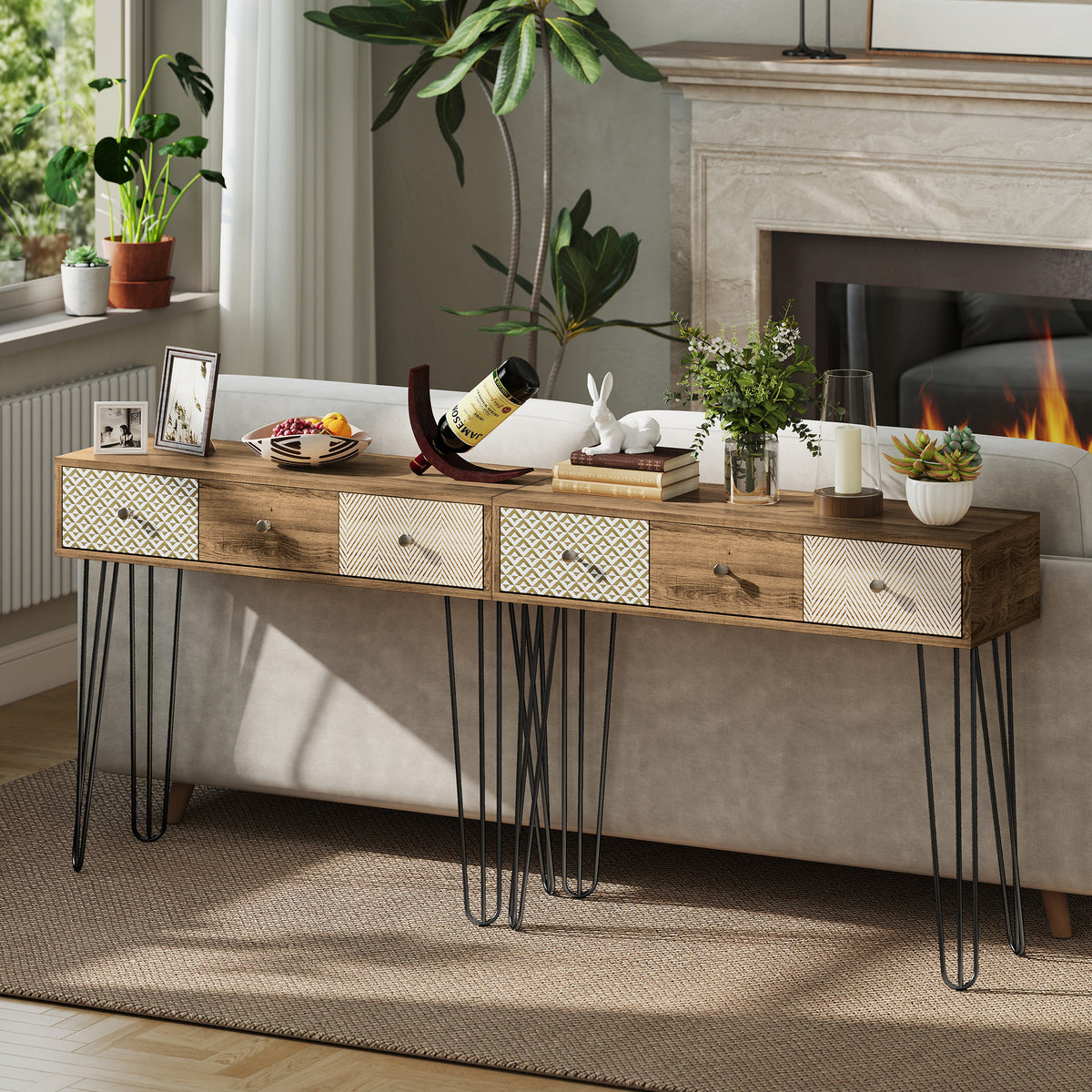 Table console avec 3 tiroirs, table d'entrée étroite avec pieds en épingle à cheveux en acier, 90 x  – product view 5 | SeeMyMails Marketplace