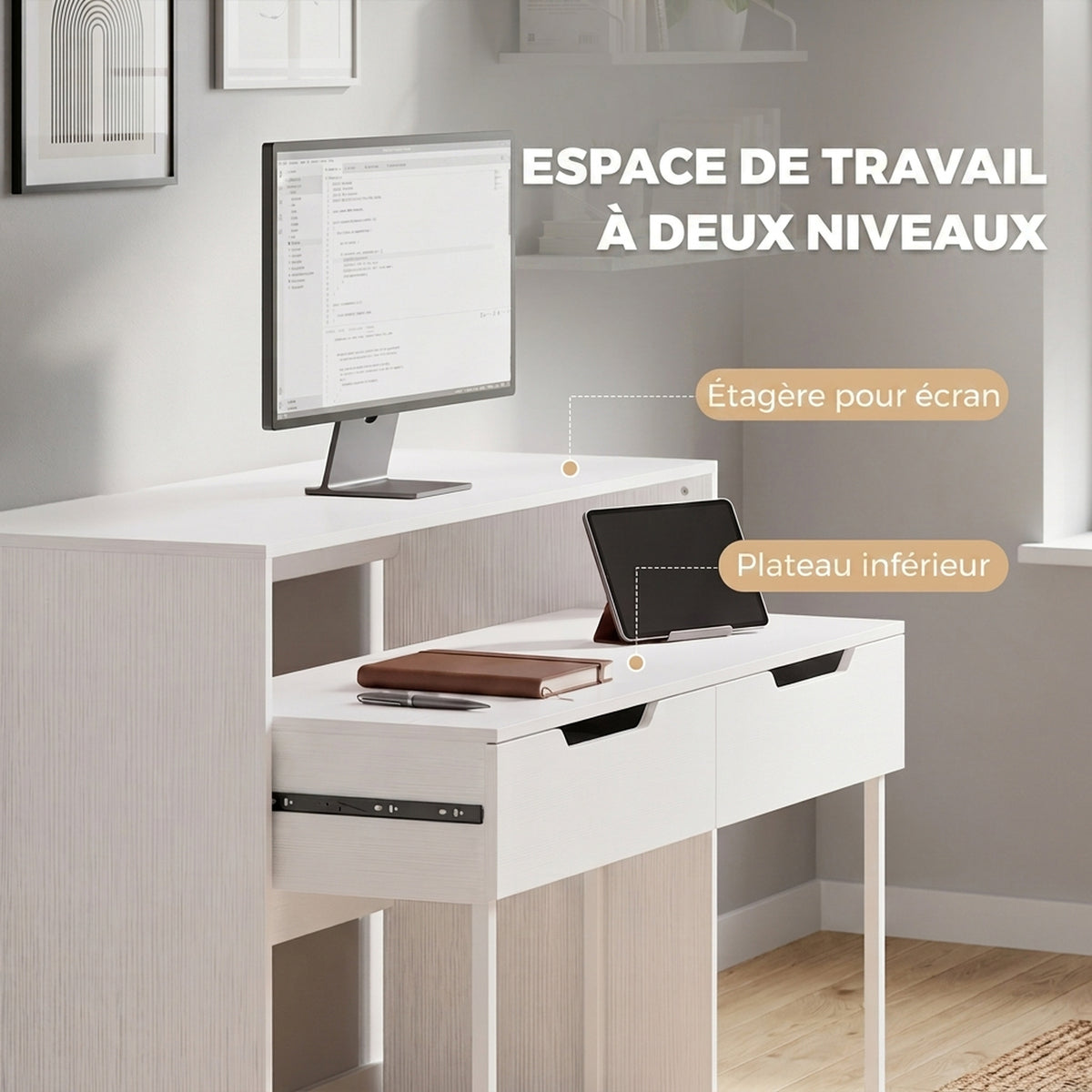 Bureau d'Ordinateur Extensible 100 cm avec 2 Tiroirs, Bureau avec Rangement, Style Moderne, Blanc – product image 5 | SeeMyMails Marketplace