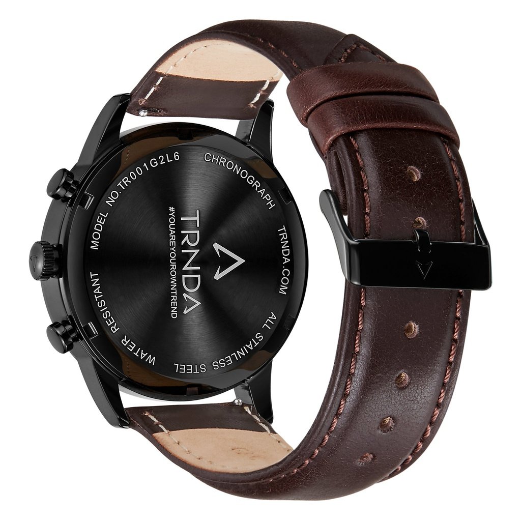 Trnda Men's Stainless Steel Black Watch, Brown Leather Band | Trnda-43mm | SeeMyMails Marketplace