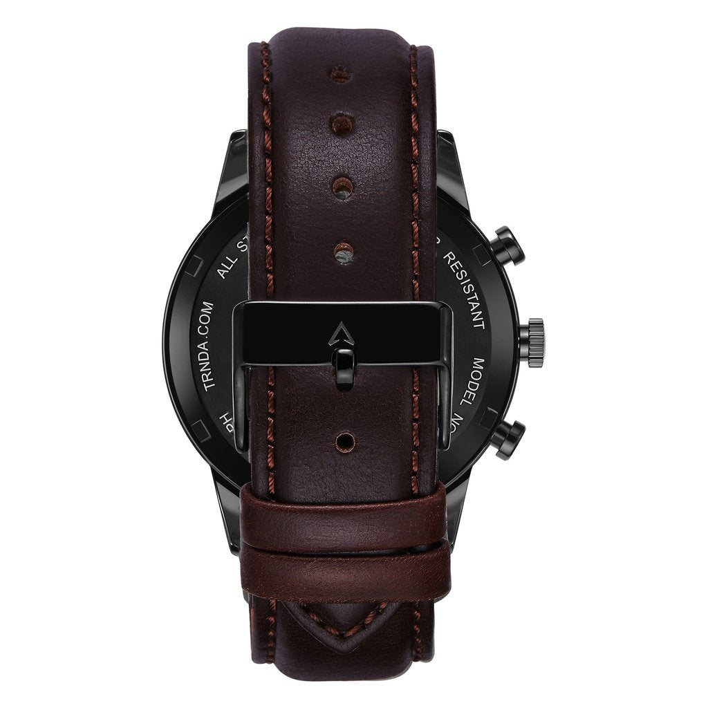 Trnda Men's Stainless Steel Black Watch, Brown Leather Band | Trnda-43mm – product image 2 | SeeMyMails Marketplace