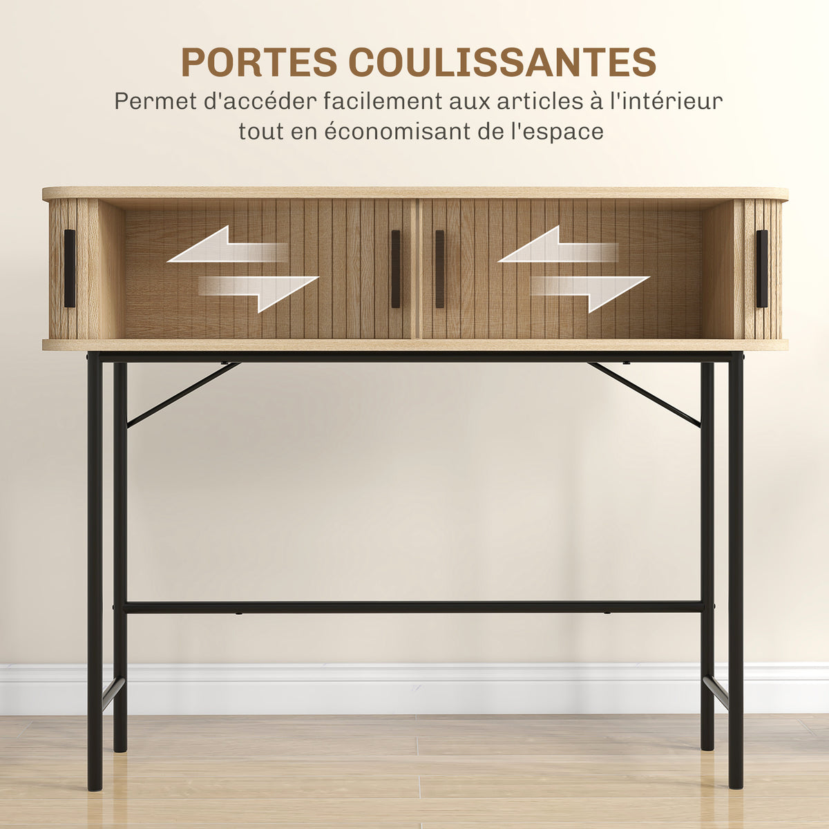 Console meuble, table console avec portes coulissantes à lattes et pieds en acier, pour salon, chêne – product image 5 | SeeMyMails Marketplace
