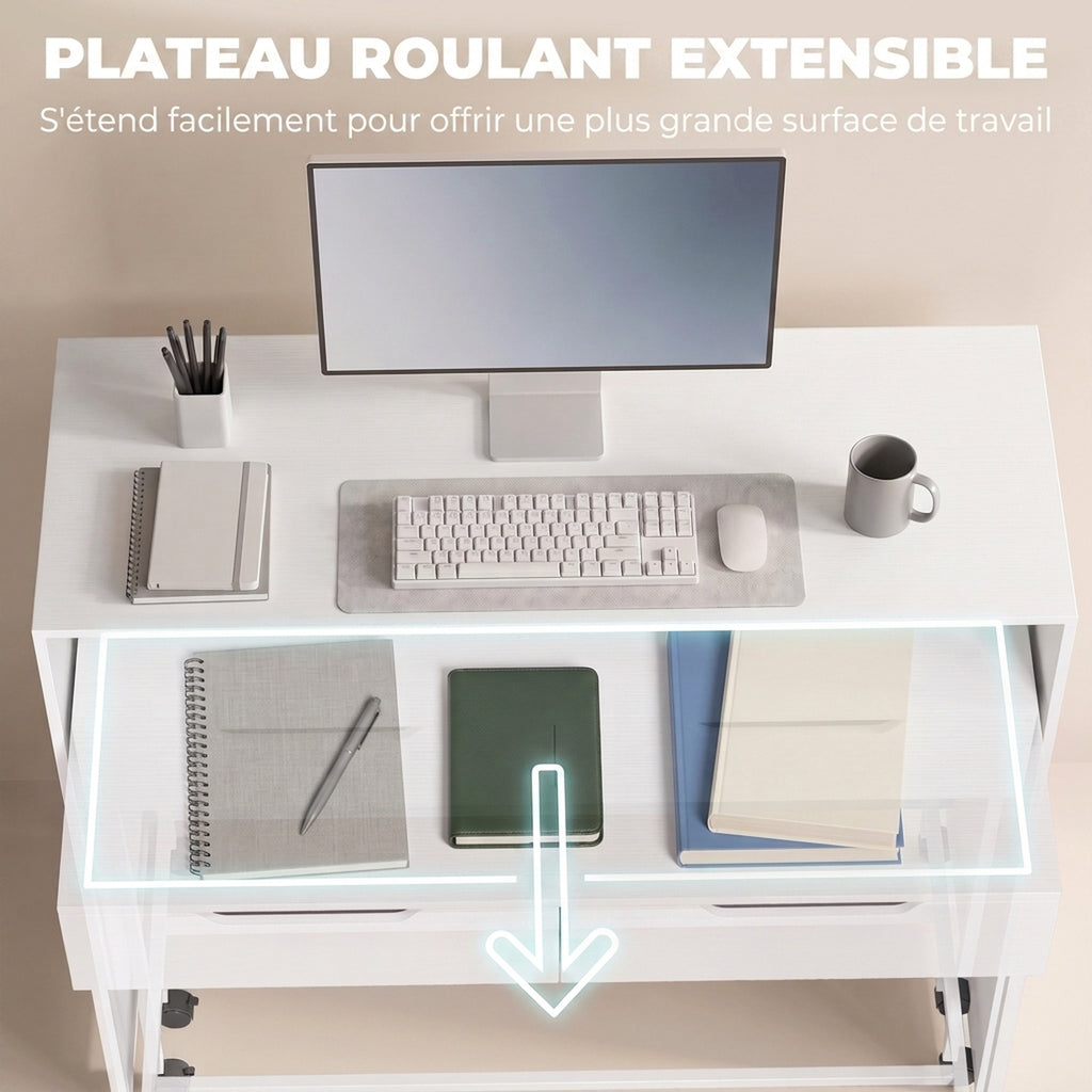 Bureau d'Ordinateur Extensible 100 cm avec 2 Tiroirs, Bureau avec Rangement, Style Moderne, Blanc – product image 4 | SeeMyMails Marketplace