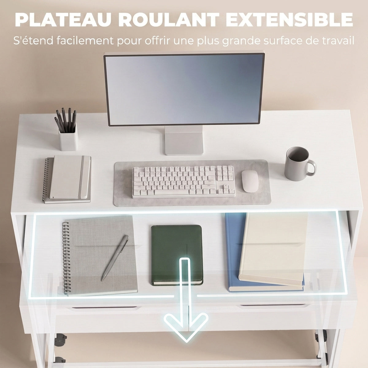 Bureau d'Ordinateur Extensible 100 cm avec 2 Tiroirs, Bureau avec Rangement, Style Moderne, Blanc – product image 4 | SeeMyMails Marketplace