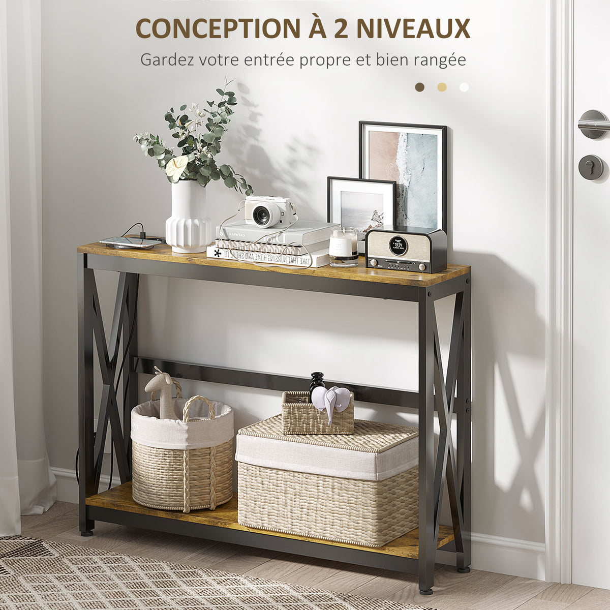 Console meuble étroite à 2 niveaux style industriel avec prises de courant et USB, 100 x 24 x 75 cm, – product image 2 | SeeMyMails Marketplace