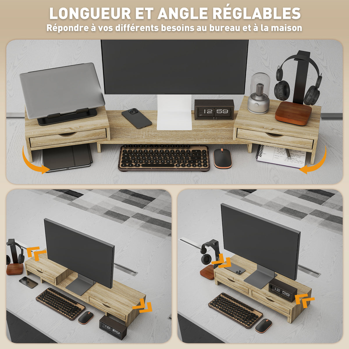 Rehausseur d’écran réglable 60–116 cm avec 2 tiroirs, aspect chêne – product image 9 | SeeMyMails Marketplace