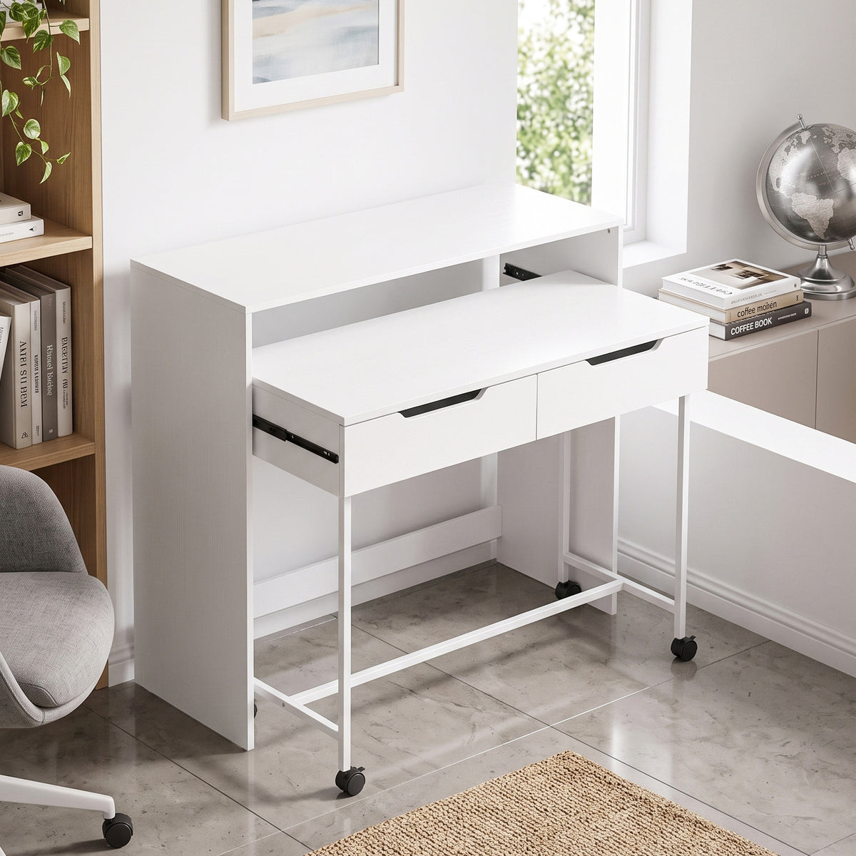 Bureau d'Ordinateur Extensible 100 cm avec 2 Tiroirs, Bureau avec Rangement, Style Moderne, Blanc – product image 2 | SeeMyMails Marketplace