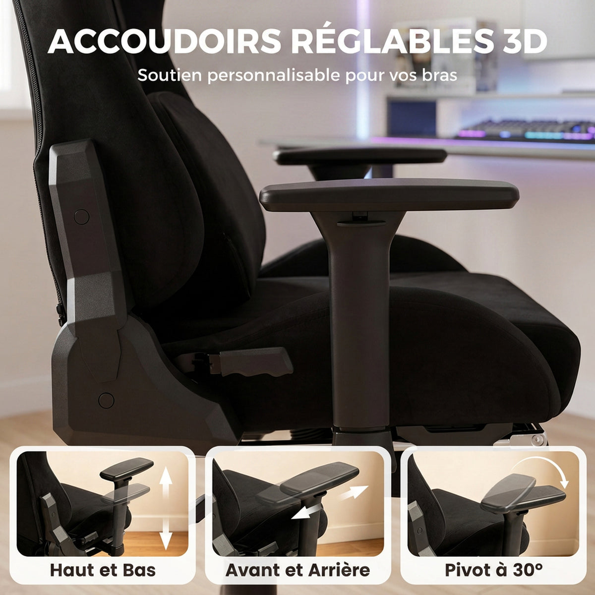 Chaise Gaming Ergonomique Massante et Coussin Lombaire Chauffant, Fauteuil Gaming Inclinable en Lin, – product view 6 | SeeMyMails Marketplace