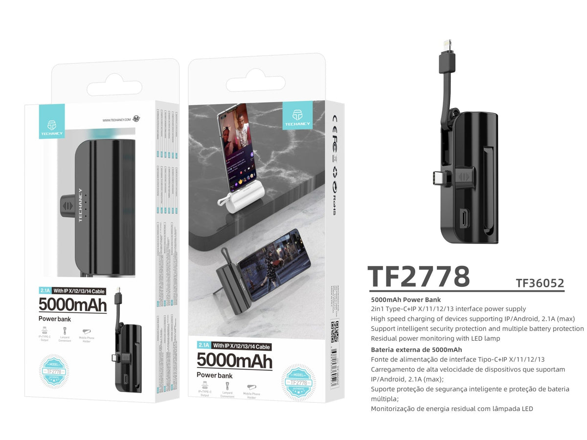 Carregador portátil Techancy 5000mAh, TF2778, cabo de carregamento 2 em 1 iP+Type-c com suporte para – product image 2 | SeeMyMails Marketplace
