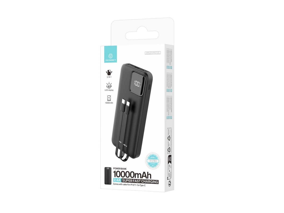 Techancy Mobile Power 10000mah 2.4a Charging TF2783, Cabo De Carregamento 2 Em 1 Usb C+Ip, Ecrã Digi – product image 2 | SeeMyMails Marketplace