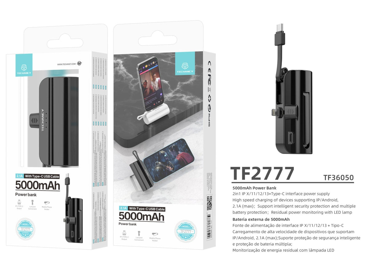 Carregador portátil Techancy 5000mAh, TF2777, cabo de carregamento 2 em 1 iP+Type-c com suporte para – product image 3 | SeeMyMails Marketplace
