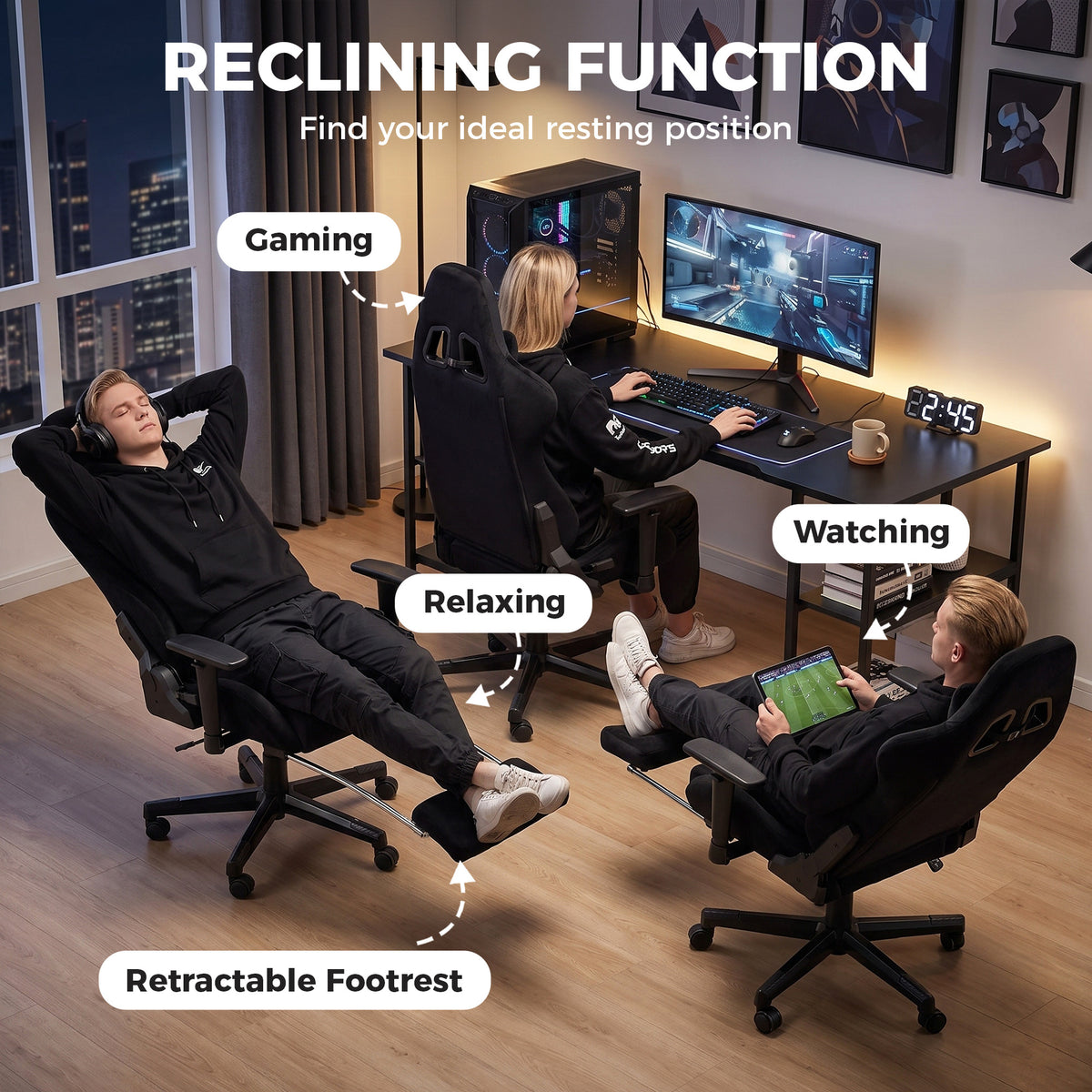 Chaise Gaming Ergonomique Massante et Coussin Lombaire Chauffant, Fauteuil Gaming Inclinable en Lin, – product view 3 | SeeMyMails Marketplace