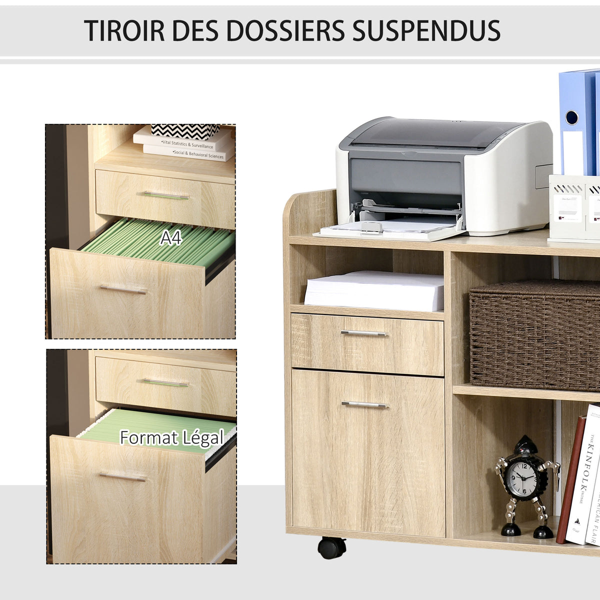 Support d'imprimante - Caisson d'organisation de Bureau Roulant - Dim. 80l x 40P x 72H cm en Bois Ch – product image 2 | SeeMyMails Marketplace