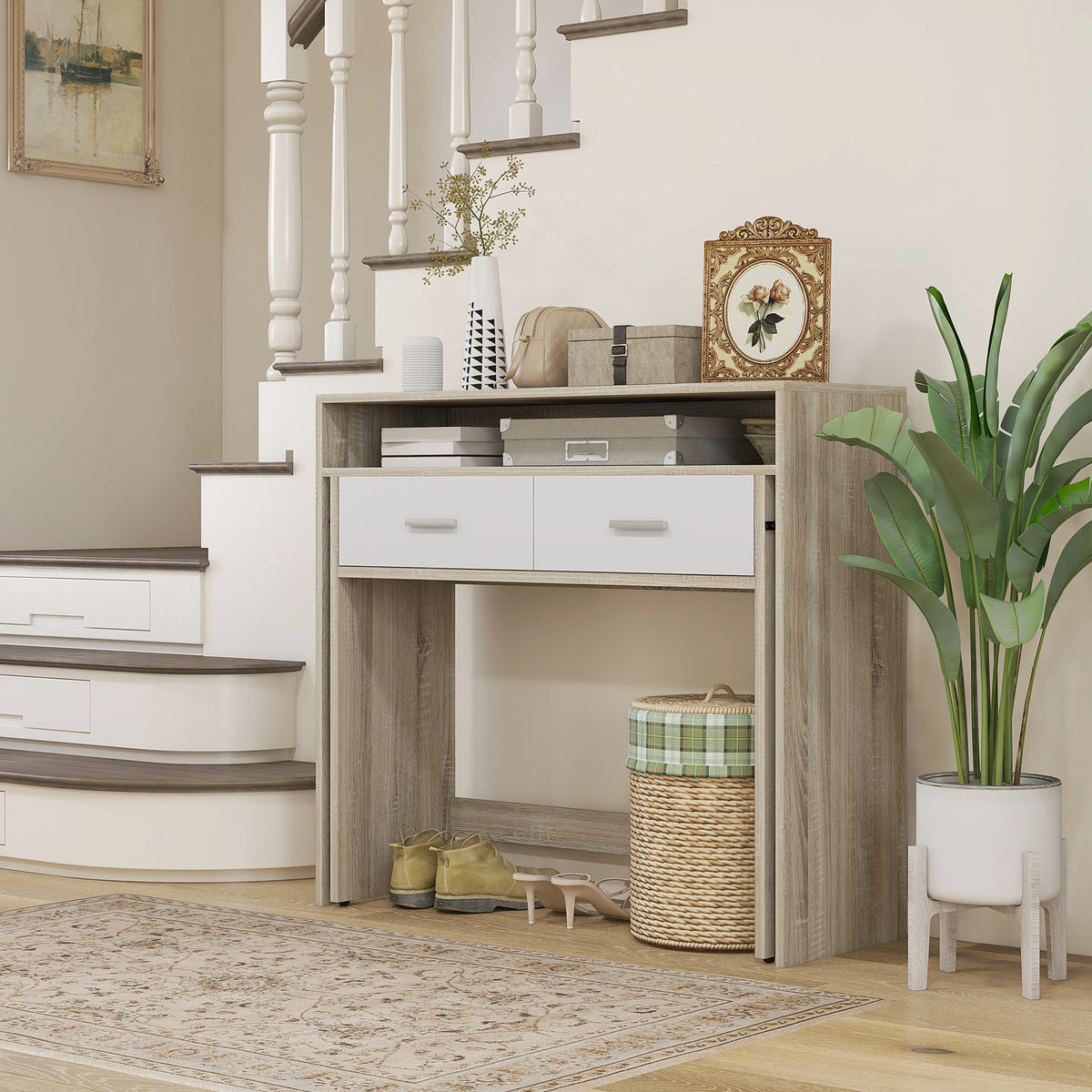 Table console avec plateau coulissant et 2 tiroirs, table de couloir avec rangement, 95l x 35P x 87H – product image 8 | SeeMyMails Marketplace