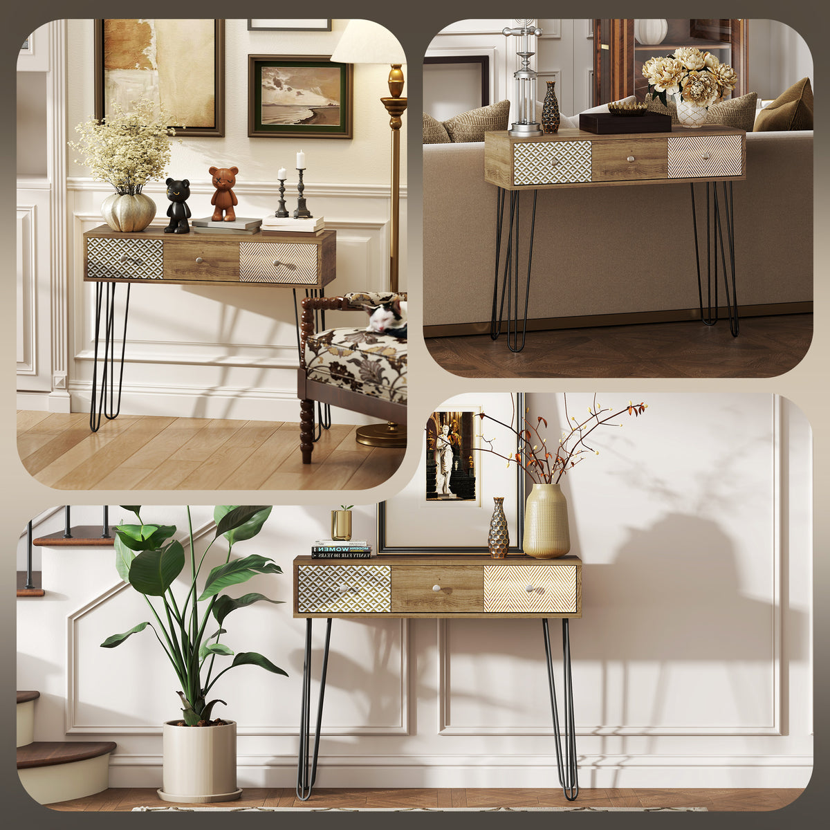Table console avec 3 tiroirs, table d'entrée étroite avec pieds en épingle à cheveux en acier, 90 x  – product view 3 | SeeMyMails Marketplace