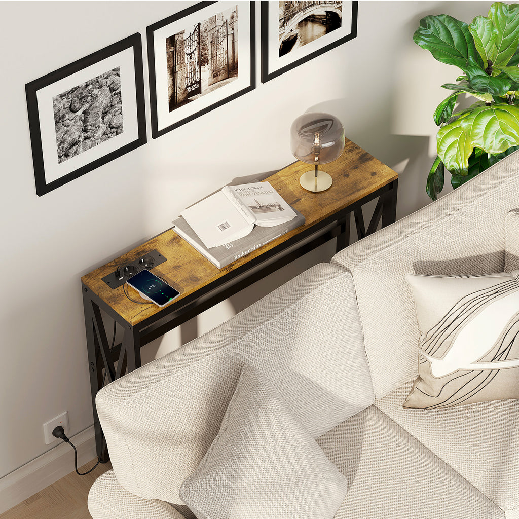 Console meuble étroite à 2 niveaux style industriel avec prises de courant et USB, 100 x 24 x 75 cm, – product image 5 | SeeMyMails Marketplace