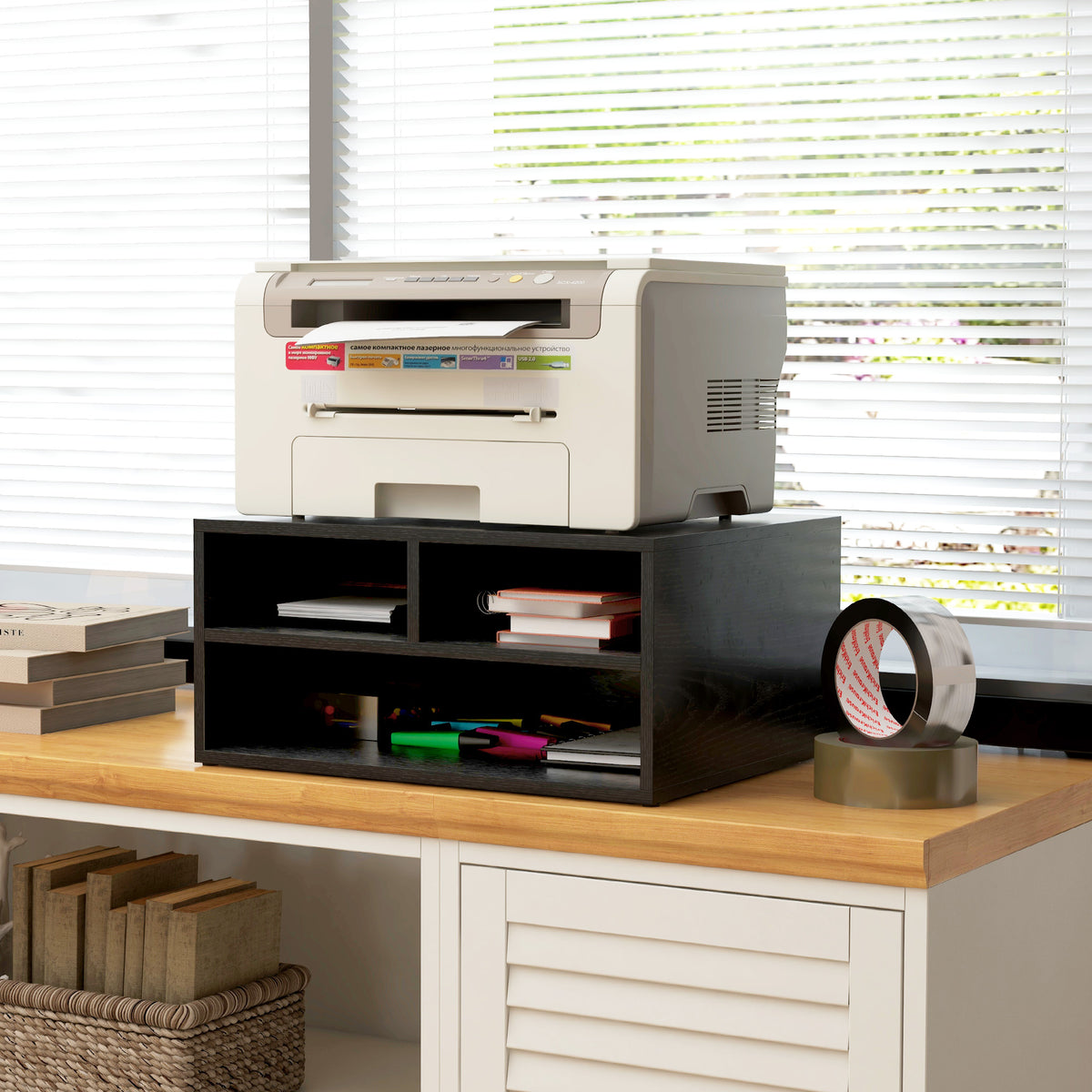Organiseur bureau aspect noir avec 3 compartiments fournitures support d'imprimante 47 x 40 x 22,5 c | SeeMyMails Marketplace