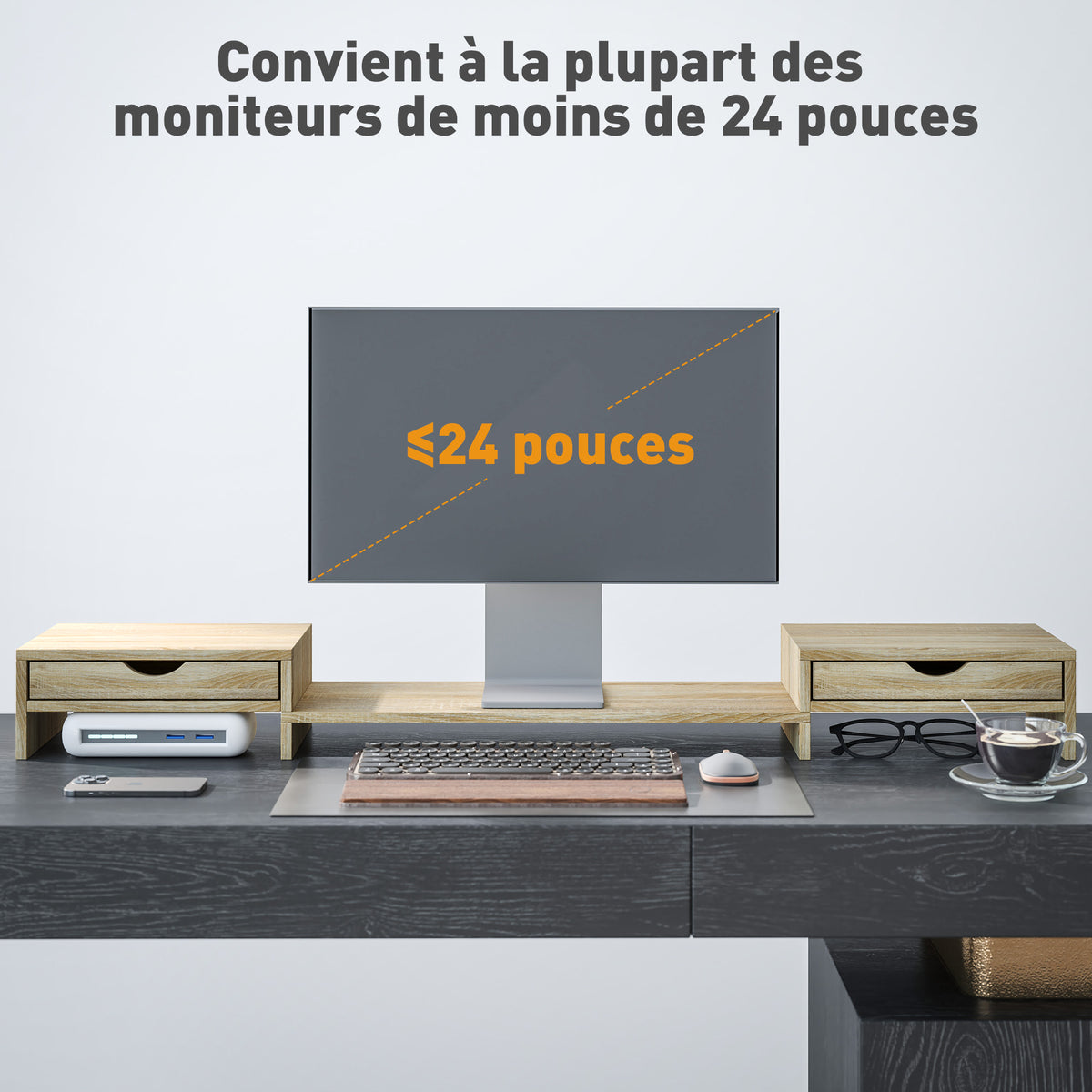 Rehausseur d’écran réglable 60–116 cm avec 2 tiroirs, aspect chêne – product image 10 | SeeMyMails Marketplace