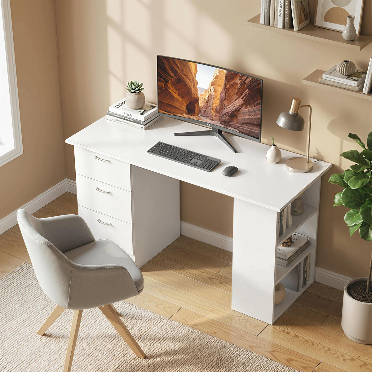 Bureau d'ordinateur avec 3 tiroirs et 3 étagères ouvertes, 120x49x72cm, bureau avec rangement révers – product image 3 | SeeMyMails Marketplace