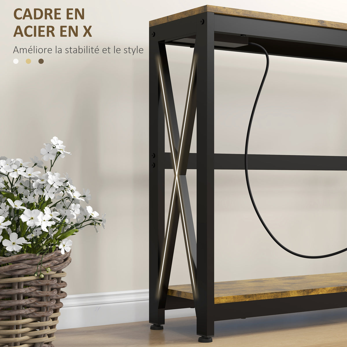 Console meuble étroite à 2 niveaux style industriel avec prises de courant et USB, 100 x 24 x 75 cm, – product image 3 | SeeMyMails Marketplace
