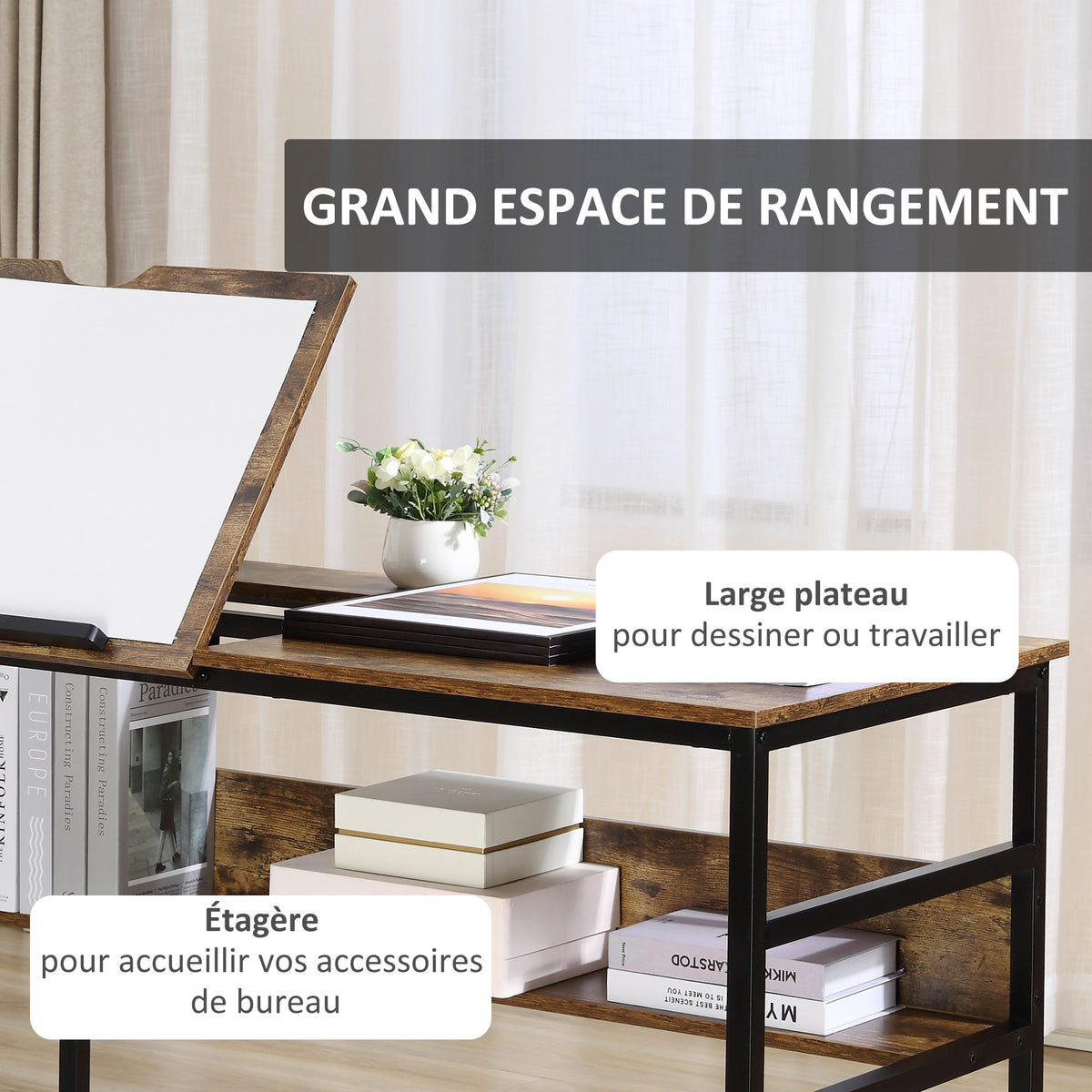 Table à dessin inclinable bureau informatique design industriel - plateau relevable, étagère - panne – product view 3 | SeeMyMails Marketplace