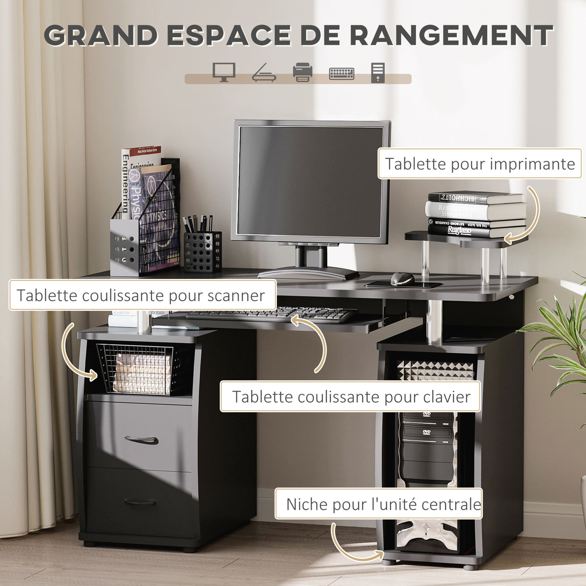 Bureau informatique étagères et tiroir, 120 x 50 x 85 cm, bureau d'ordinateur avec rangement support – product view 3 | SeeMyMails Marketplace