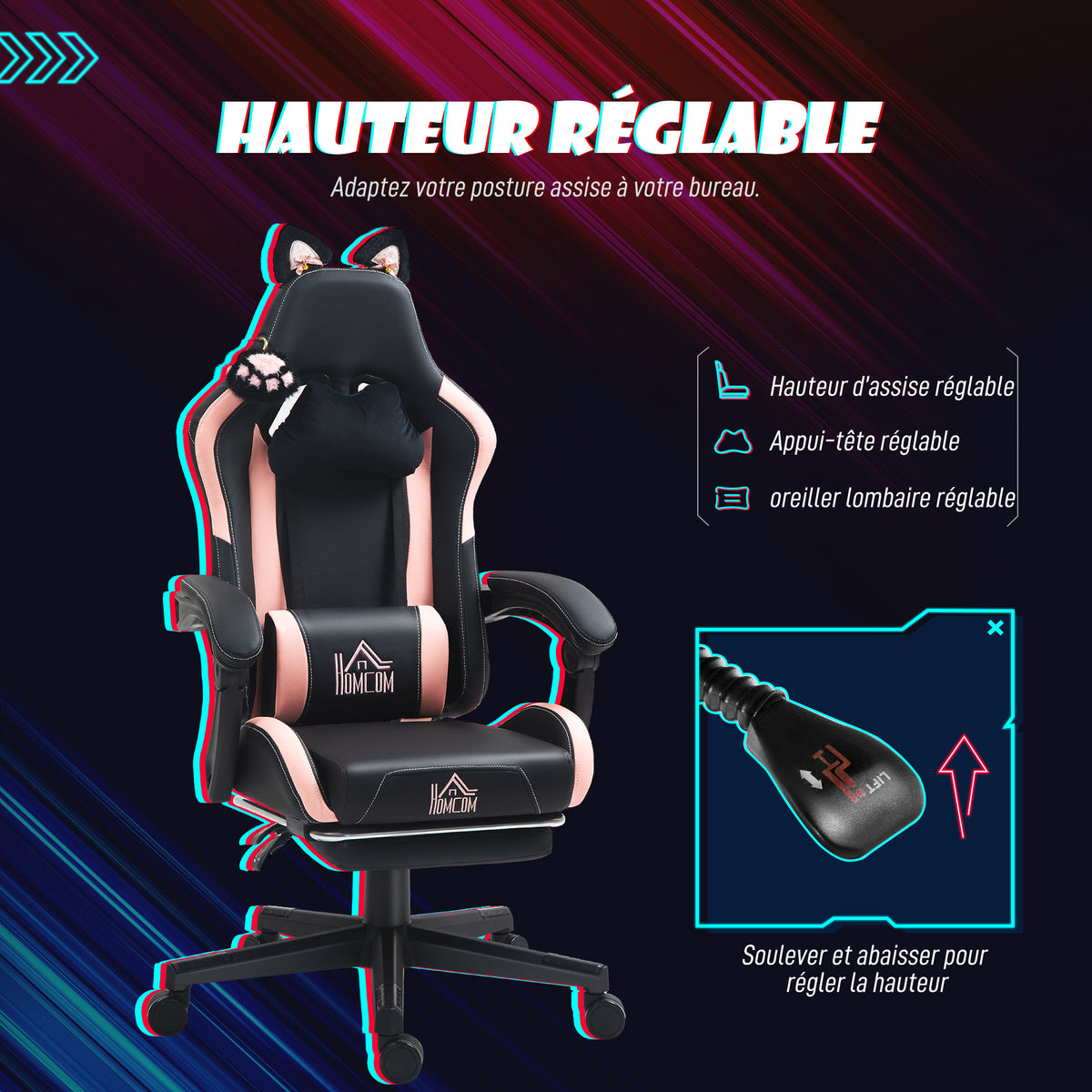 Chaise gaming ergonomique avec Oreilles de Chat, fauteuil gamer avec dossier inclinable, 65 x 62 x 1 – product view 7 | SeeMyMails Marketplace