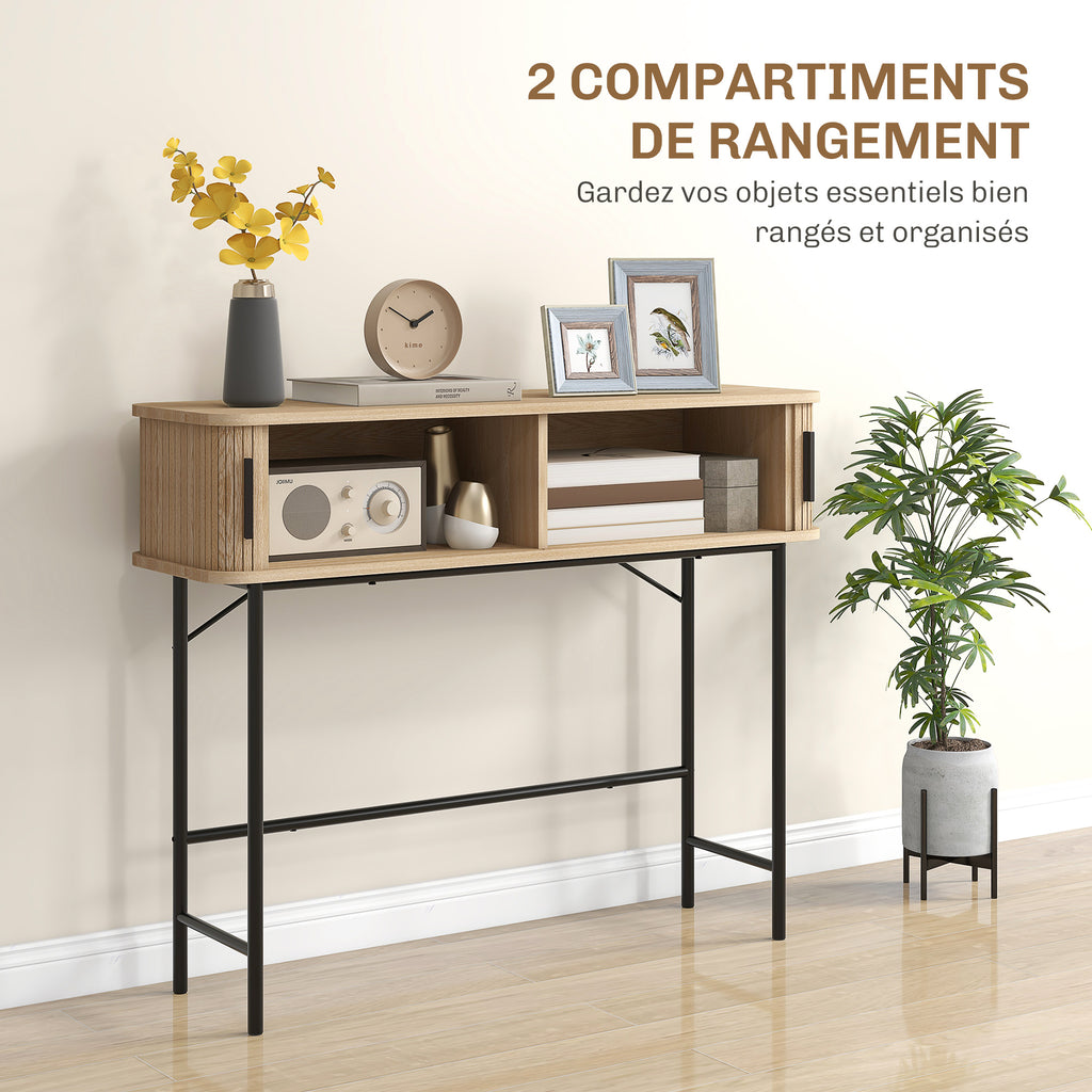 Console meuble, table console avec portes coulissantes à lattes et pieds en acier, pour salon, chêne | SeeMyMails Marketplace