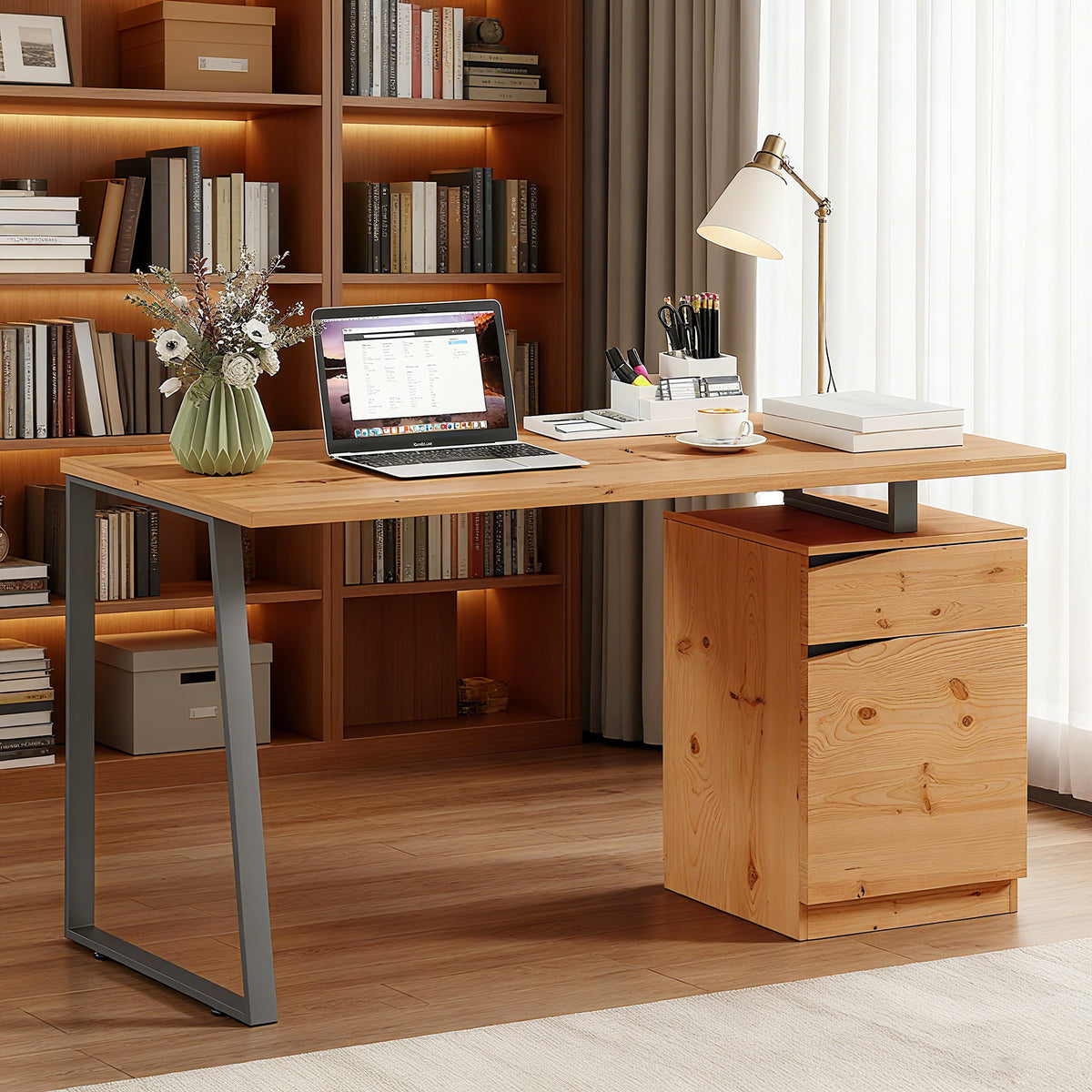 Bureau d'Ordinateur avec Placard et Tiroir 135 x 60 cm, Étagère Réglable, Pieds en Métal, Style Indu – product view 3 | SeeMyMails Marketplace